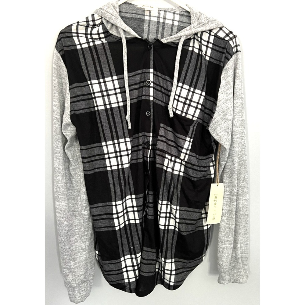 Paper + Tee Shirt Womens XL Black Gray Plaid Hooded Button Down Long Sleeve NWT